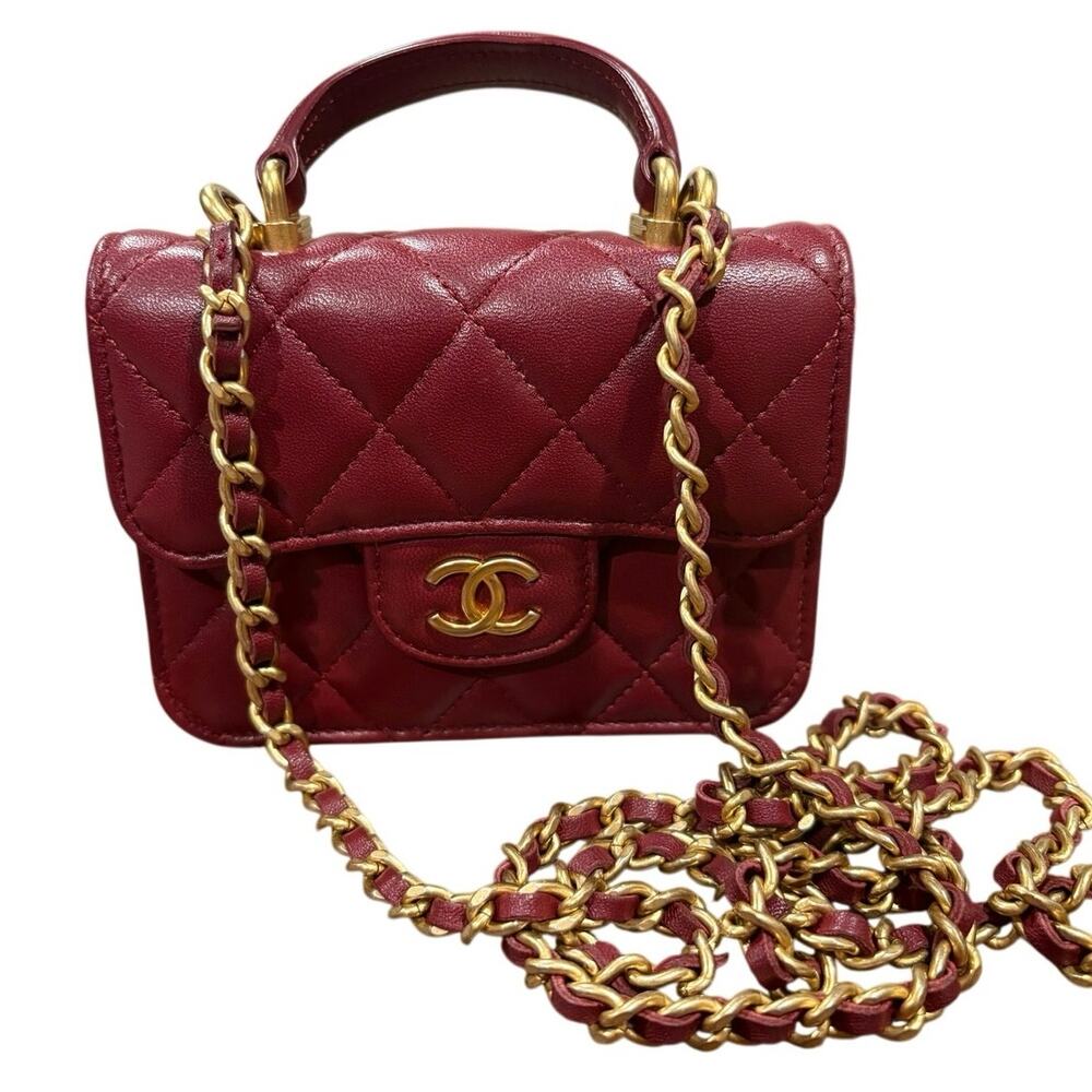 Chanel Burgundy Lambskin Quilted Top Handle Flap Coin Purse with Chain COA